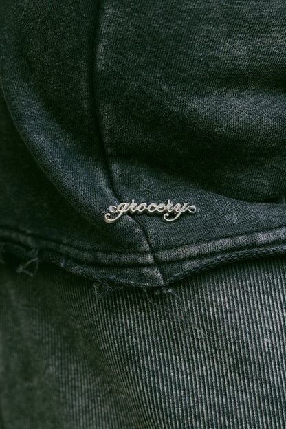 GROCERY WASHED CROPPED ZIP UP HOODIE/ BLACK