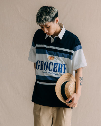 GROCERY COLLEGE LOGO STRIPE POLO SHIRT/ CREAM & NAVY