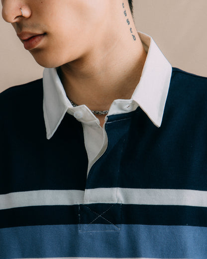GROCERY COLLEGE LOGO STRIPE POLO SHIRT/ CREAM & NAVY