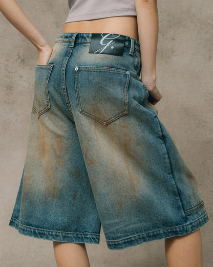 GROCERY DIRTY WASHED DENIM BAGGY JORTS/ DARK WASH