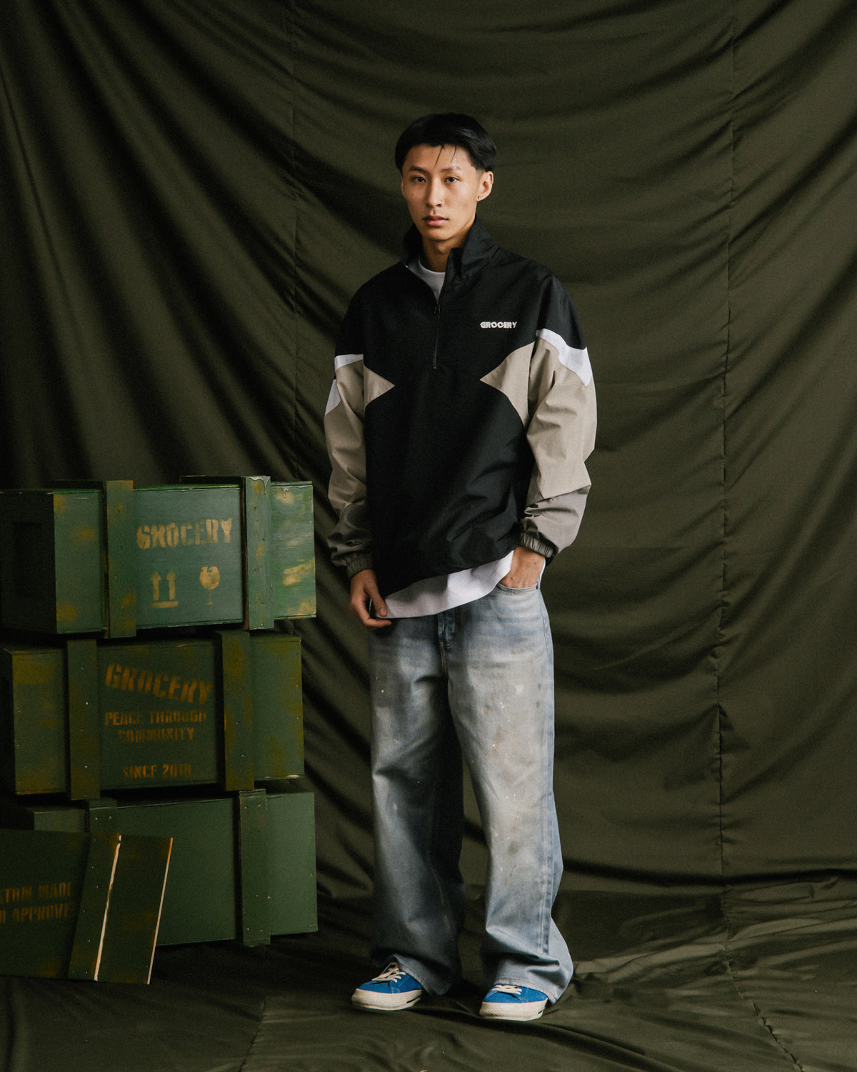 GROCERY NYLON PANEL HALF ZIP WINDBREAKER/ SAND