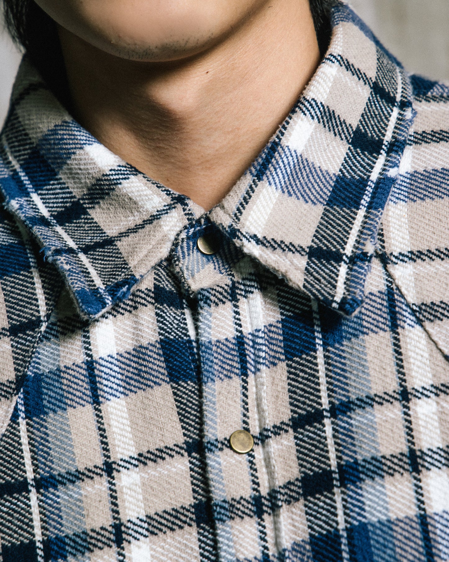 GROCERY DOUBLE POCKET FLANNEL SHIRT/ BEIGE & NAVY