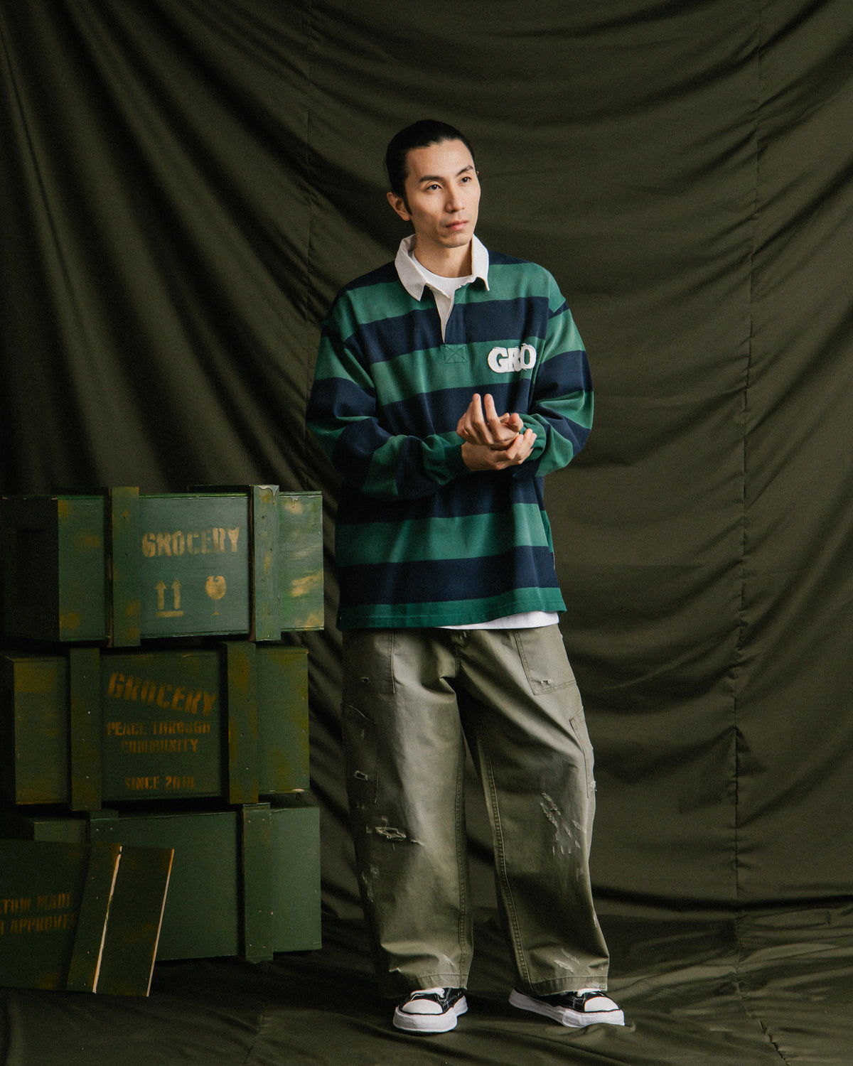 GROCERY PATCH LOGO LONG SLEEVE RUGBY SHIRT/ GREEN & NAVY