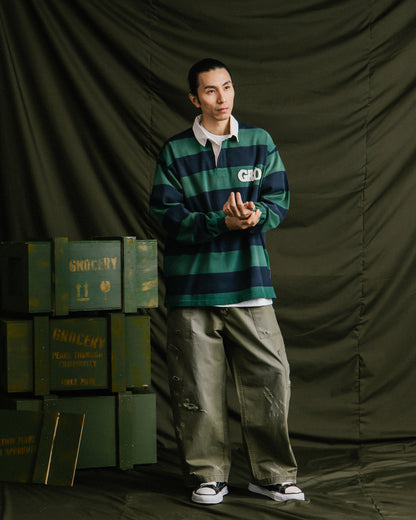 GROCERY PATCH LOGO LONG SLEEVE RUGBY SHIRT/ GREEN & NAVY