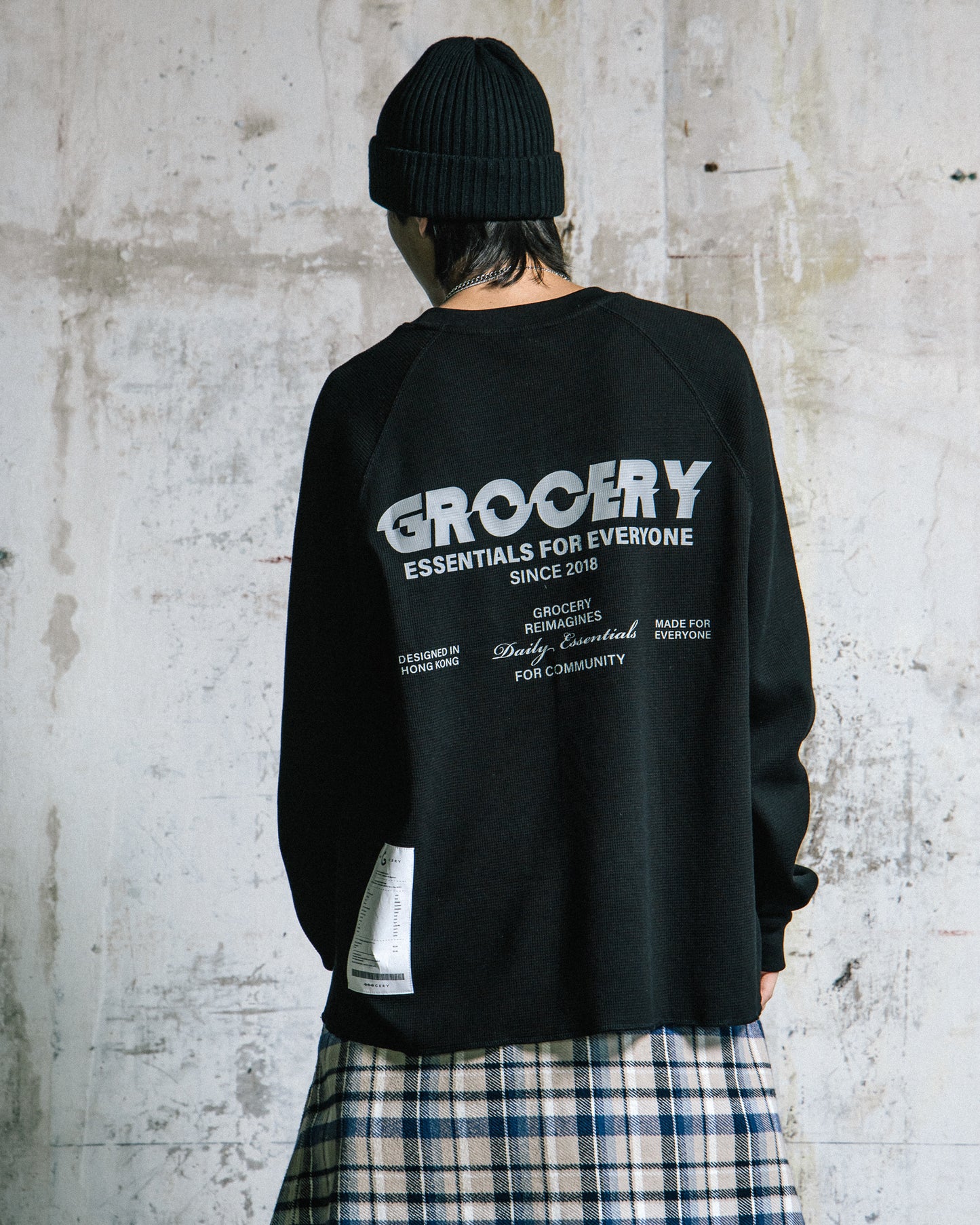GROCERY LOGO WAFFLE LONG TOP/ BLACK