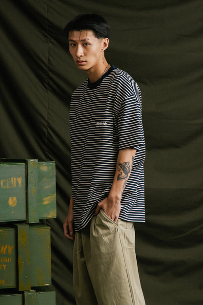 GROCERY EMBROIDERY LOGO POCKET STRIPE TEE/ NAVY & WHITE