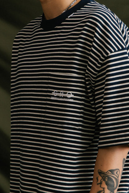 GROCERY EMBROIDERY LOGO POCKET STRIPE TEE/ NAVY & WHITE