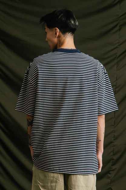 GROCERY EMBROIDERY LOGO POCKET STRIPE TEE/ NAVY & WHITE