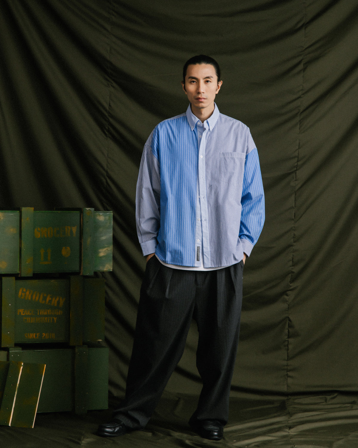 GROCERY MIX STRIPE PANEL OVERSIZED SHIRT/ BLUE & GREY