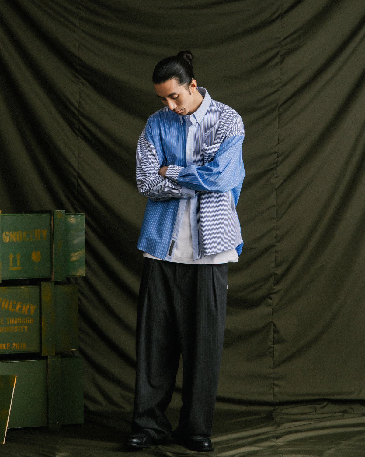 GROCERY MIX STRIPE PANEL OVERSIZED SHIRT/ BLUE & GREY
