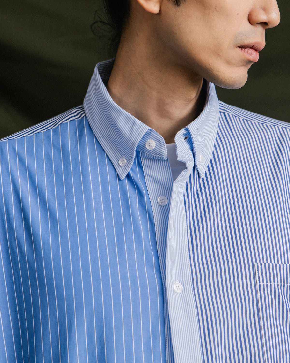GROCERY MIX STRIPE PANEL OVERSIZED SHIRT/ BLUE & GREY