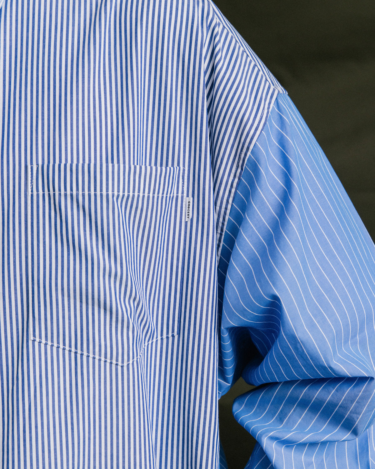 GROCERY MIX STRIPE PANEL OVERSIZED SHIRT/ BLUE & GREY