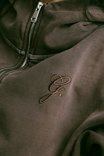 GROCERY FADE WASHED CROPPED ZIP UP HOODIE/ WASHED BROWN