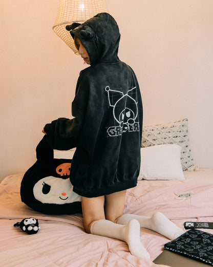 GROCERY | KUROMI SKETCH KUROMI WASHED GRAPHIC ZIP UP HOODIE/ WASHED BLACK