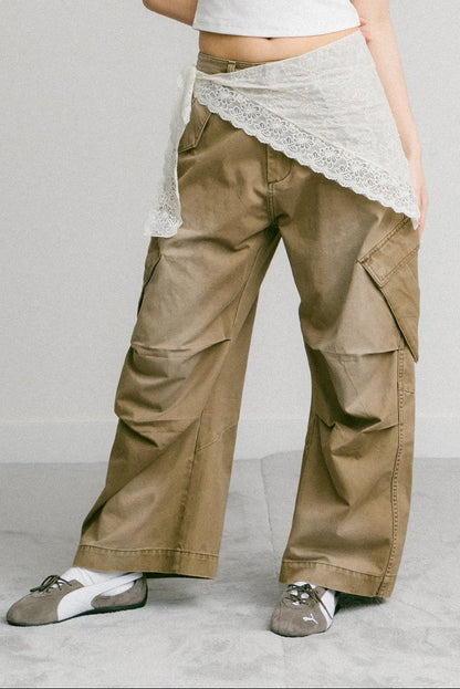 GROCERY WASHED WIDE LEG CARGO PANTS/ FADED BROWN