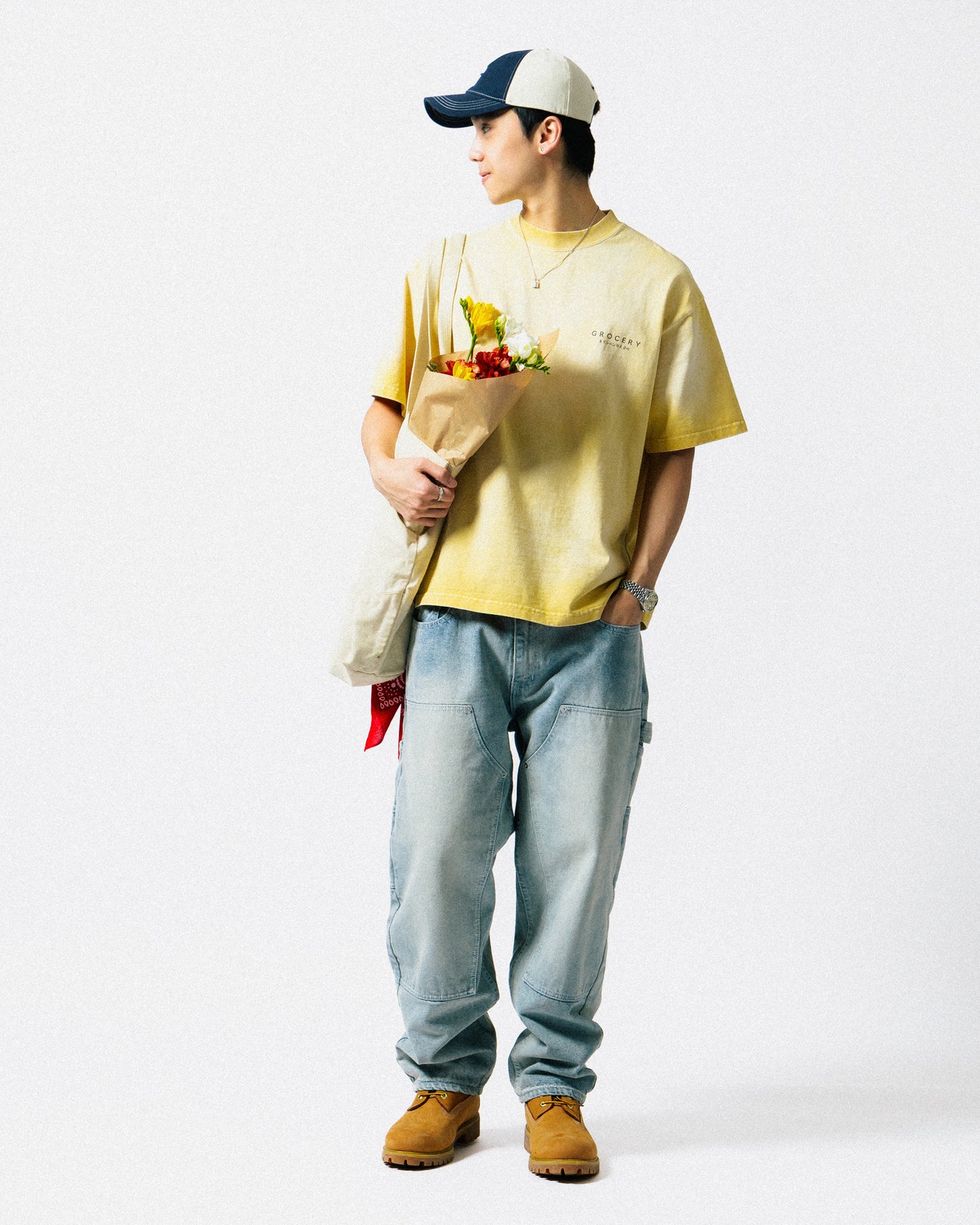 GROCERY BAGGY DOUBLE KNEE WASHED DENIM JEANS/ LIGHT BLUE