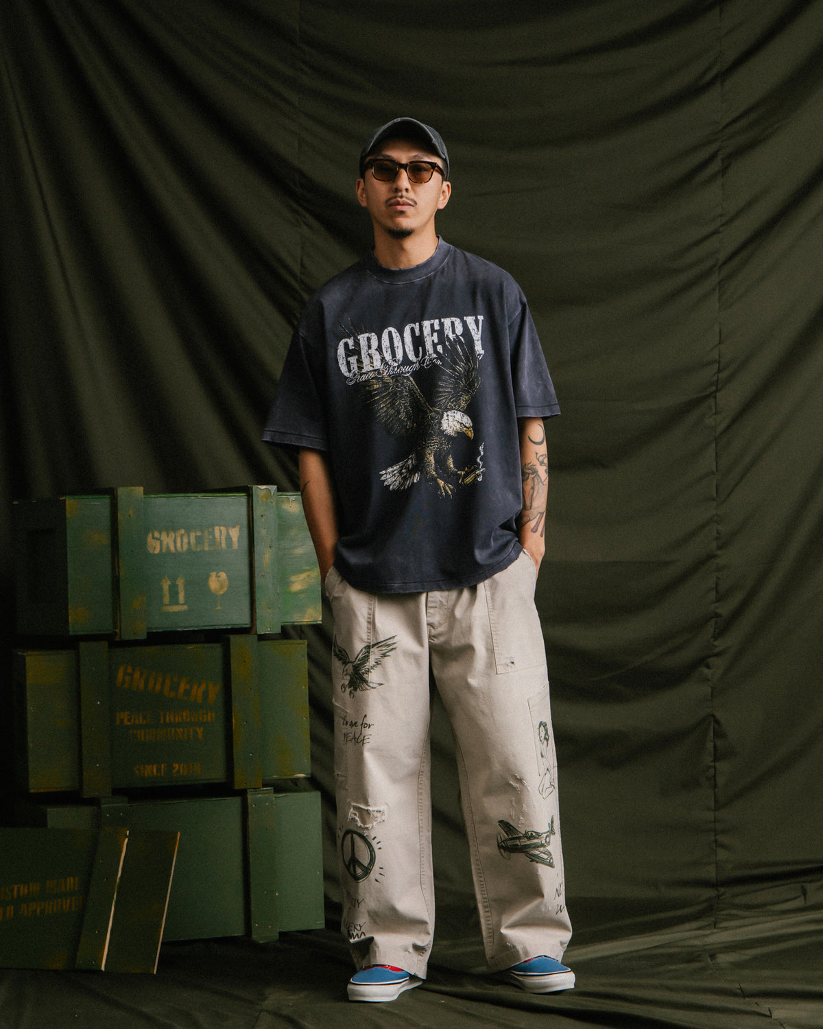 GROCERY VINTAGE EAGLE GRAPHIC WASHED BOXY TEE/ CHARCOAL