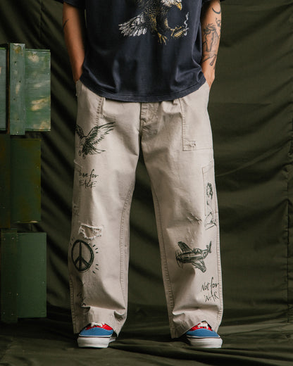 GROCERY HAND DRAWN GRAPHIC WASHED WIDE CHINO PANTS/ BEIGE