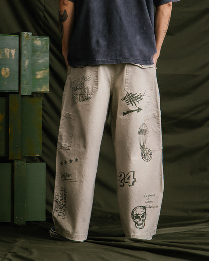 GROCERY HAND DRAWN GRAPHIC WASHED WIDE CHINO PANTS/ BEIGE