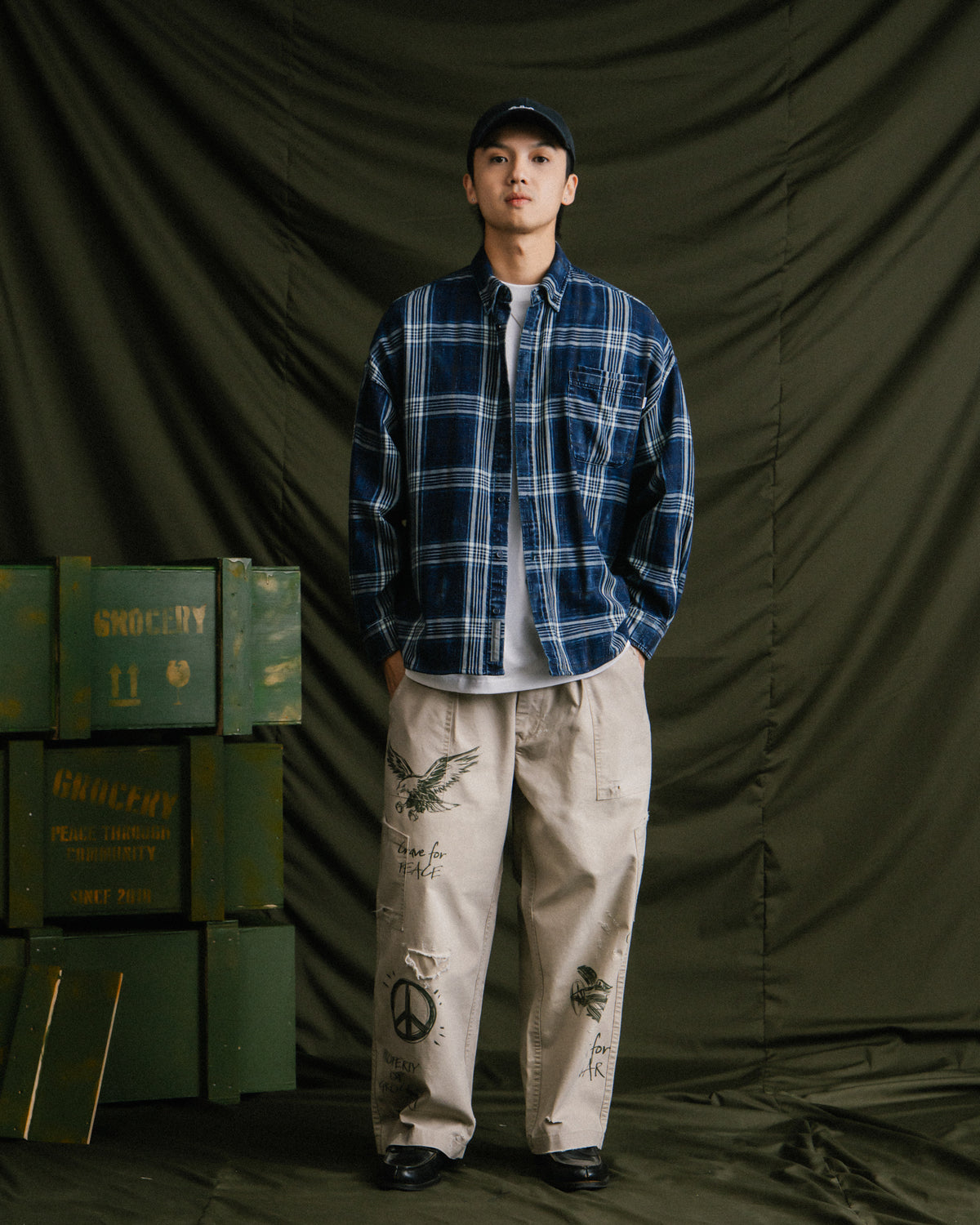 GROCERY VINTAGE WASHED FLANNEL CHECK SHIRT/ NAVY