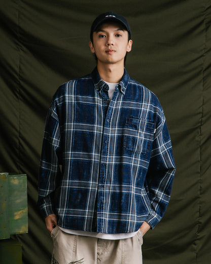 GROCERY VINTAGE WASHED FLANNEL CHECK SHIRT/ NAVY