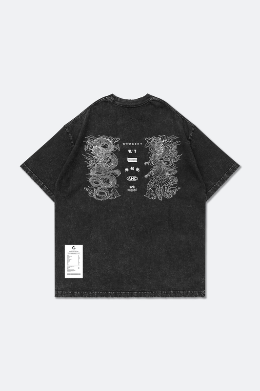 GROCERY CITY HERITAGE DRAGON & PHOENIX WASHED GRAPHIC BOXY TEE/ BLACK