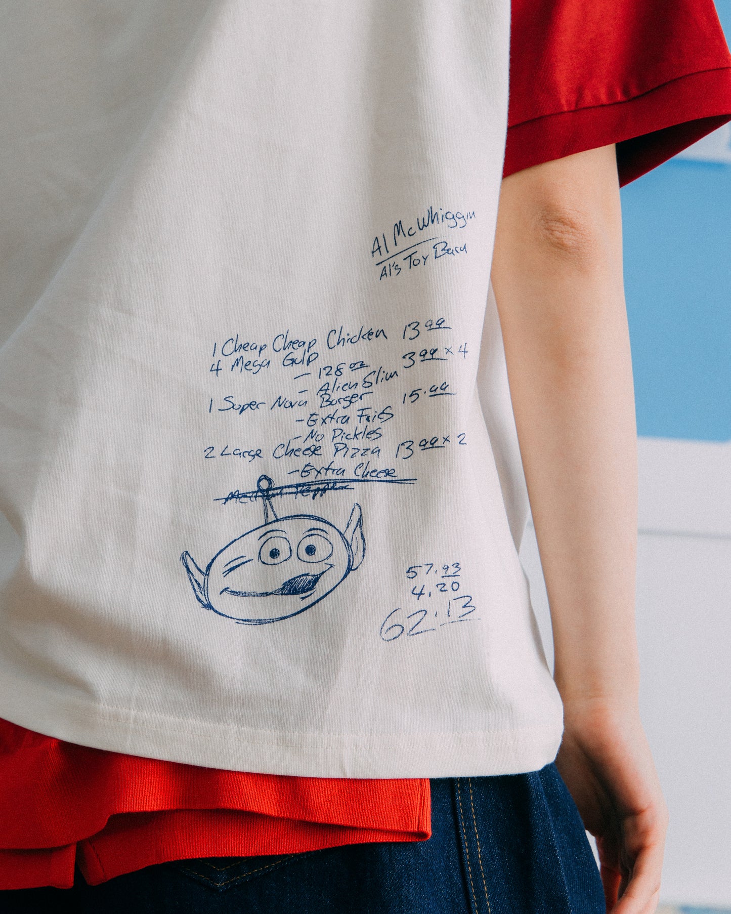 GROCERY | TARMAC | TOY STORY PIZZA PLANET HAND DRAWN RAGLAN TEE/ RED & IVORY