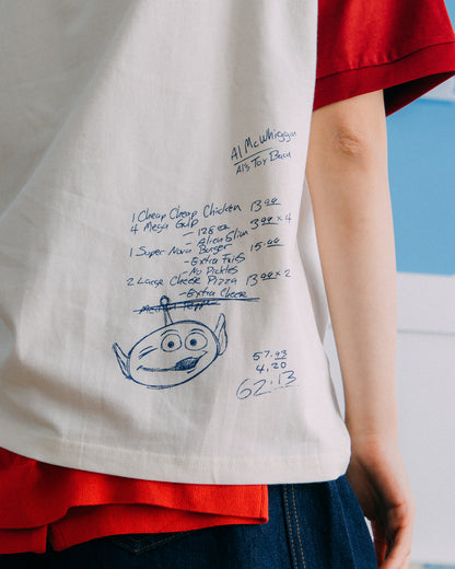 GROCERY | TARMAC | TOY STORY PIZZA PLANET HAND DRAWN RAGLAN TEE/ RED & IVORY