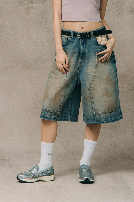 GROCERY DIRTY WASHED DENIM BAGGY JORTS/ DARK WASH