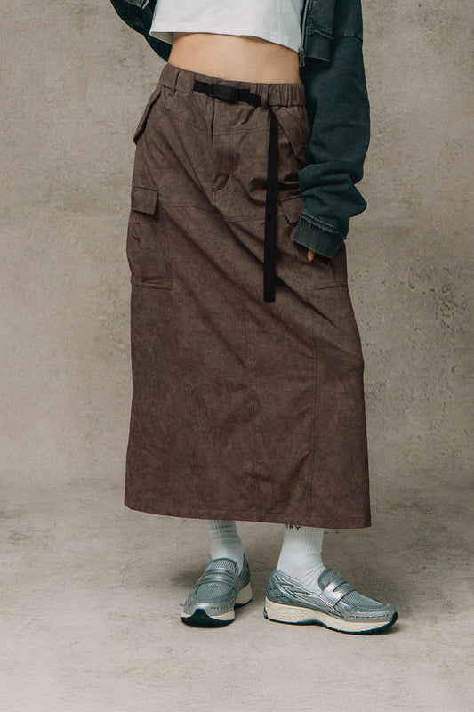 GROCERY NYLON MULTI POCKET CARGO SKIRT/ BROWN