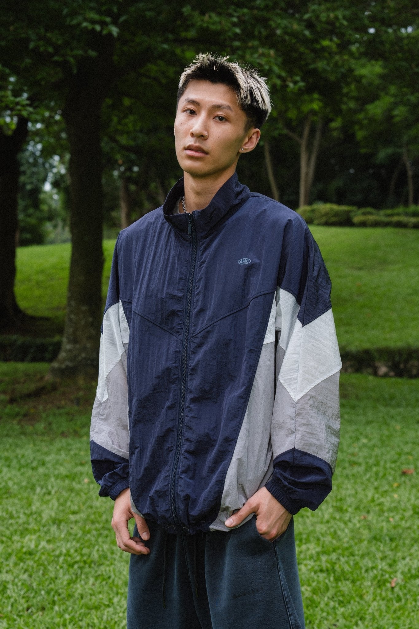 Aim Higher Club 3-Color Tone Unisex Classic Windbreaker/ Navy-Grey - GROGROCERY