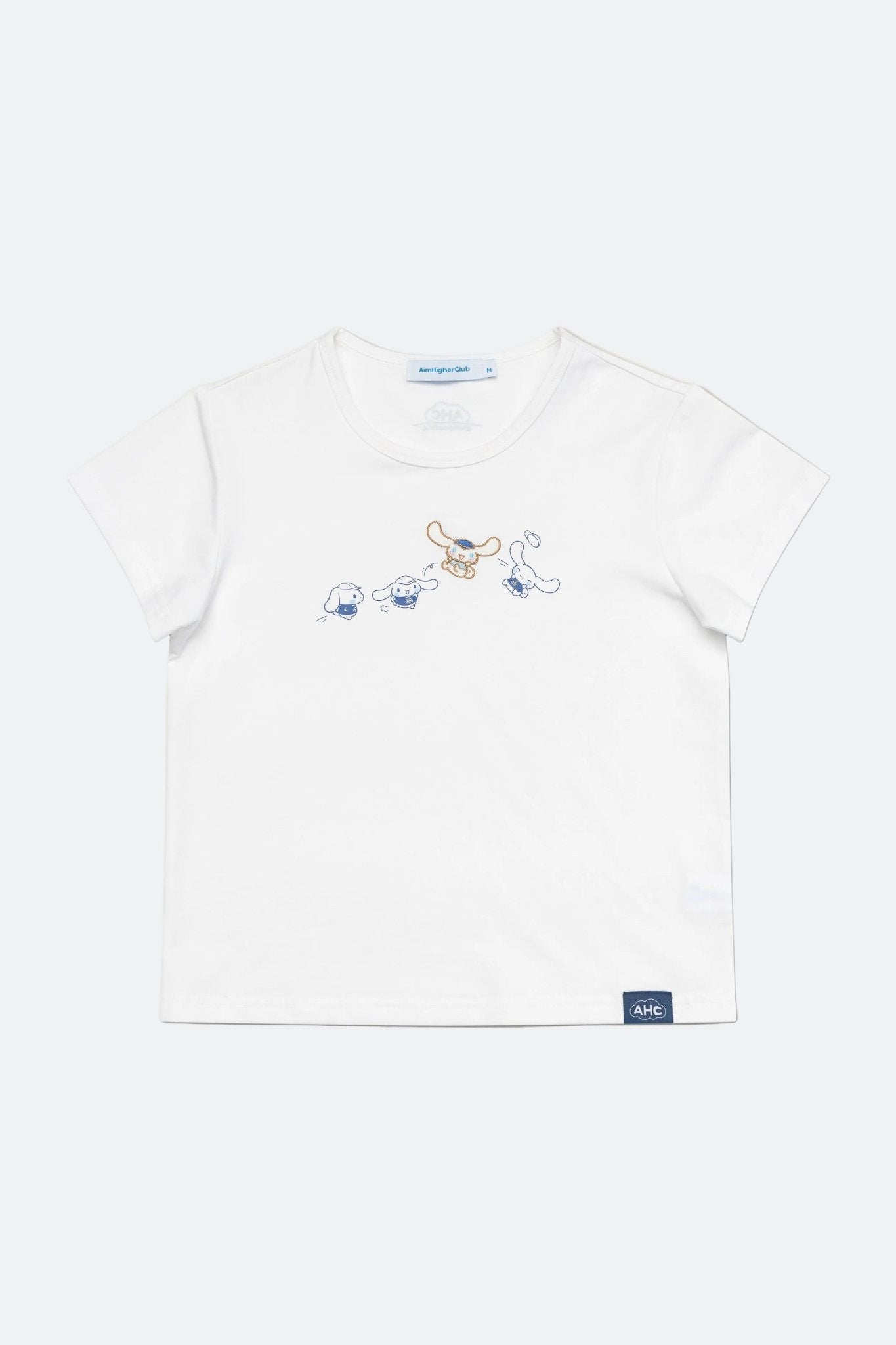 Aim Higher Club ♥ Cinnamoroll Jumping on the Cloud Embroidery Women Fitted Tee/ White - GROGROCERY