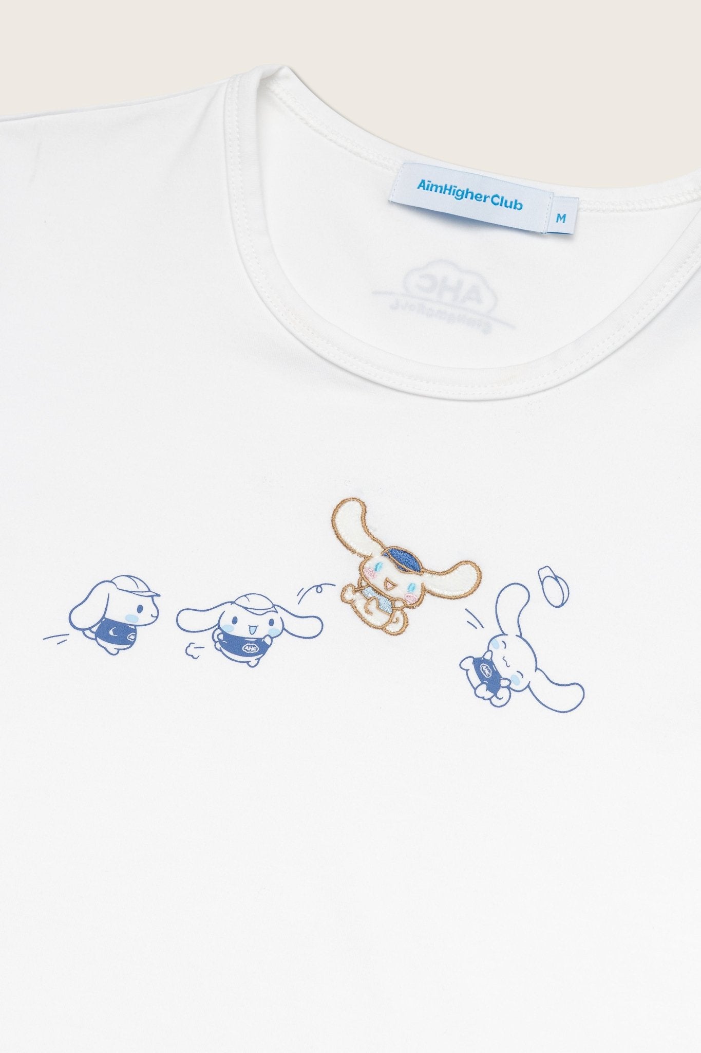 Aim Higher Club ♥ Cinnamoroll Jumping on the Cloud Embroidery Women Fitted Tee/ White - GROGROCERY