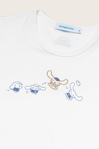 Aim Higher Club ♥ Cinnamoroll Jumping on the Cloud Embroidery Women Fitted Tee/ White - GROGROCERY