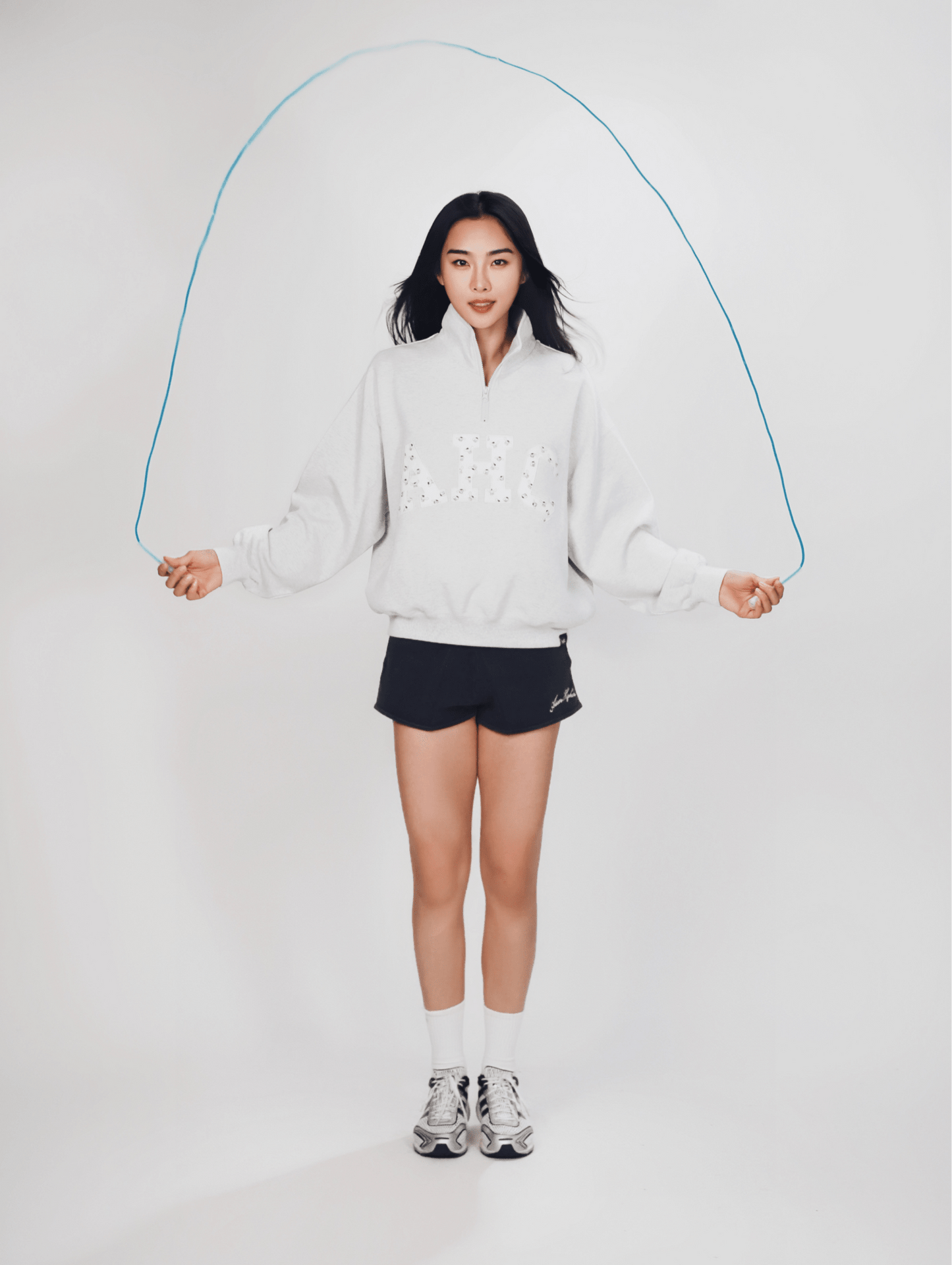 Aim Higher Club ♥ Cinnamoroll Monogram College Patch Half Zip Sweater/ Light Flecking Grey - GROGROCERY
