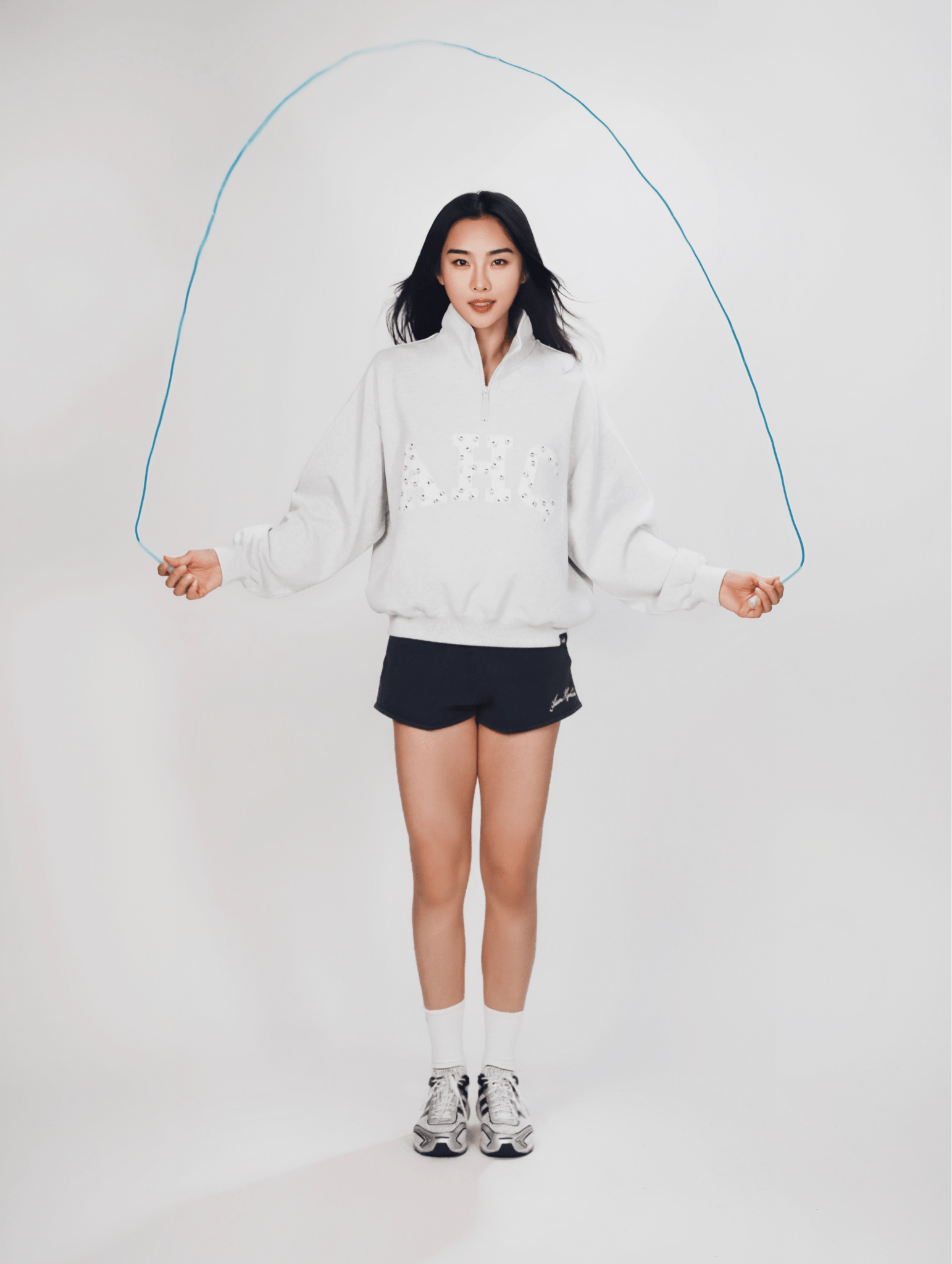 Aim Higher Club ♥ Cinnamoroll Monogram College Patch Half Zip Sweater/ Light Flecking Grey - GROGROCERY