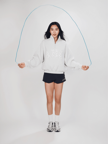 Aim Higher Club ♥ Cinnamoroll Monogram College Patch Half Zip Sweater/ Light Flecking Grey - GROGROCERY