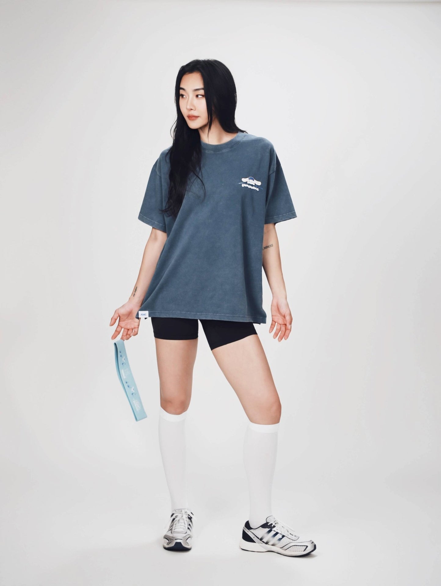 Aim Higher Club ♥ Cinnamoroll Monogram Patch Classic Logo Tee/ Washed Grey Blue - GROGROCERY