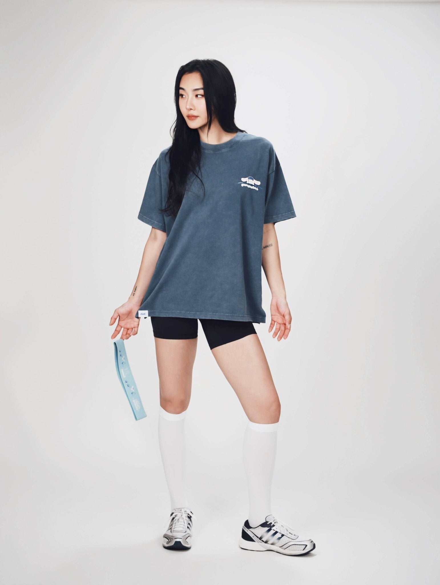 Aim Higher Club ♥ Cinnamoroll Monogram Patch Classic Logo Tee/ Washed Grey Blue - GROGROCERY