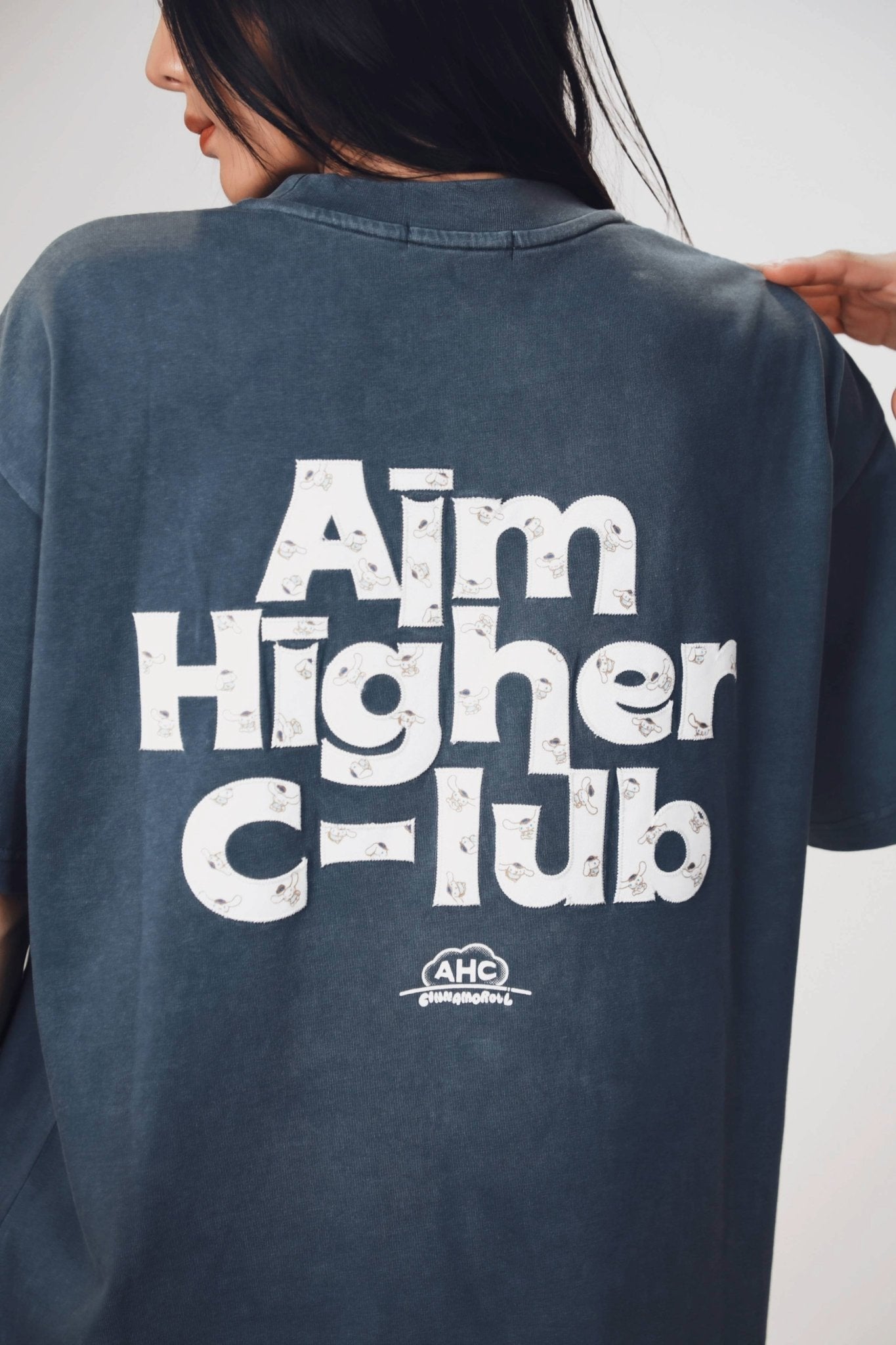 Aim Higher Club ♥ Cinnamoroll Monogram Patch Classic Logo Tee/ Washed Grey Blue - GROGROCERY