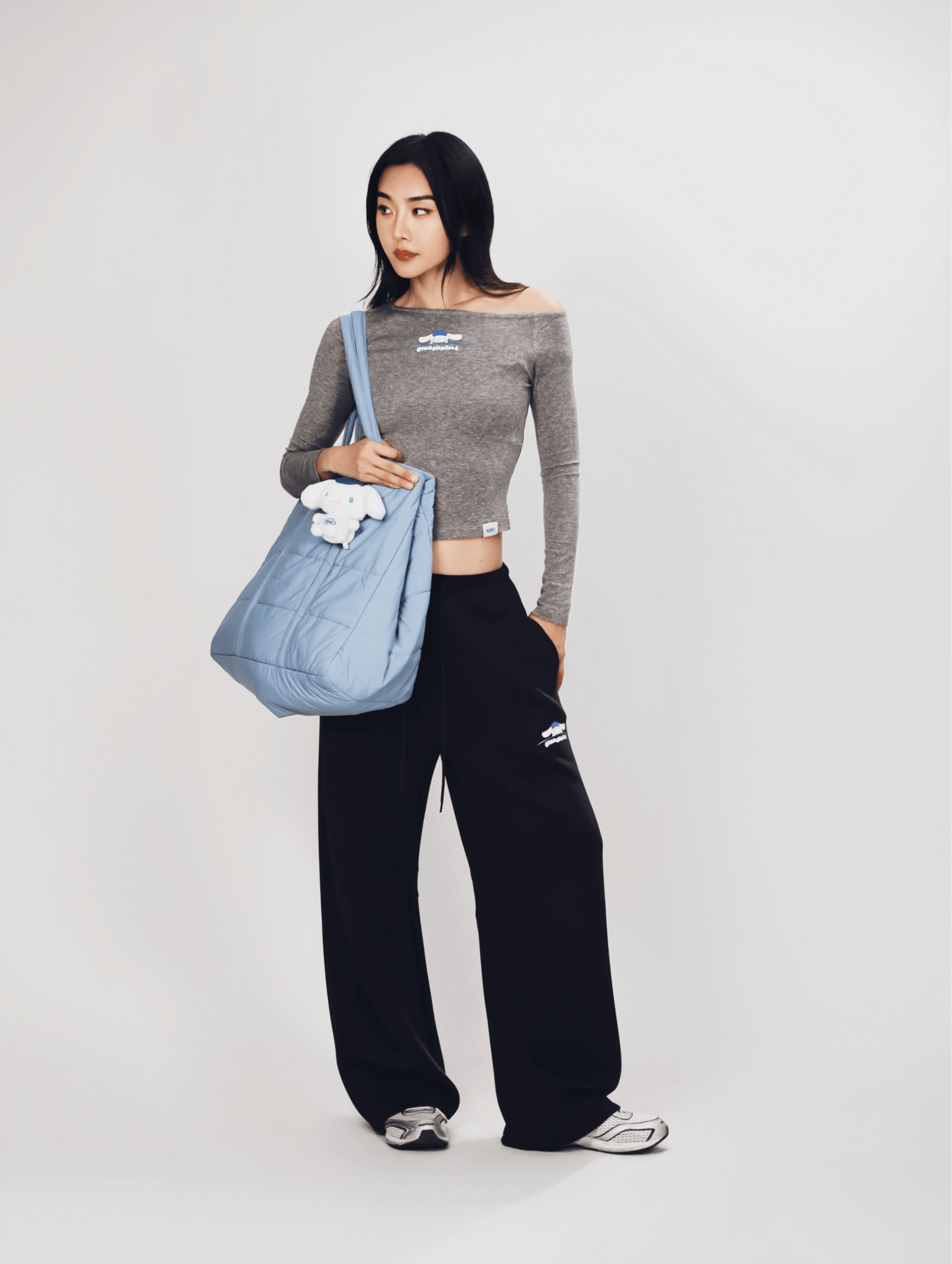 Aim Higher Club ♥ Cinnamoroll On The Bar Drop Shoulder Women Soft Top/ Flecking Grey - GROGROCERY