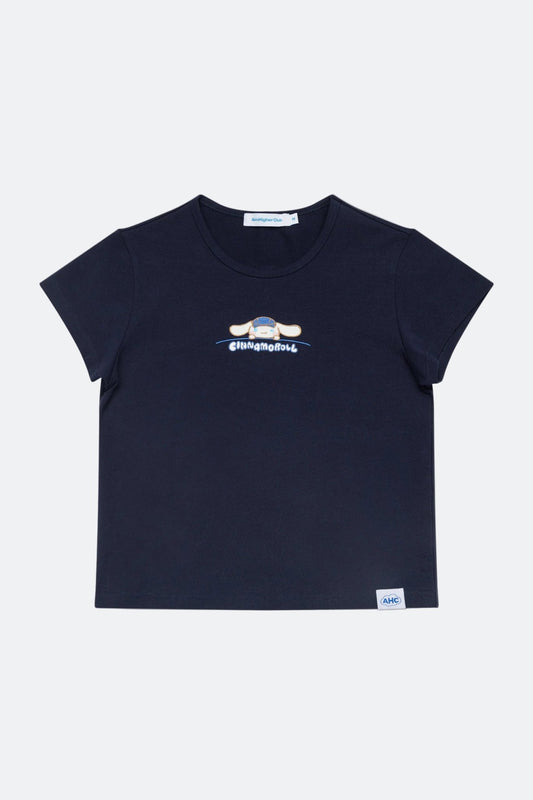 Aim Higher Club ♥ Cinnamoroll On The Bar Embroidery Women Fitted Tee /Navy - GROGROCERY