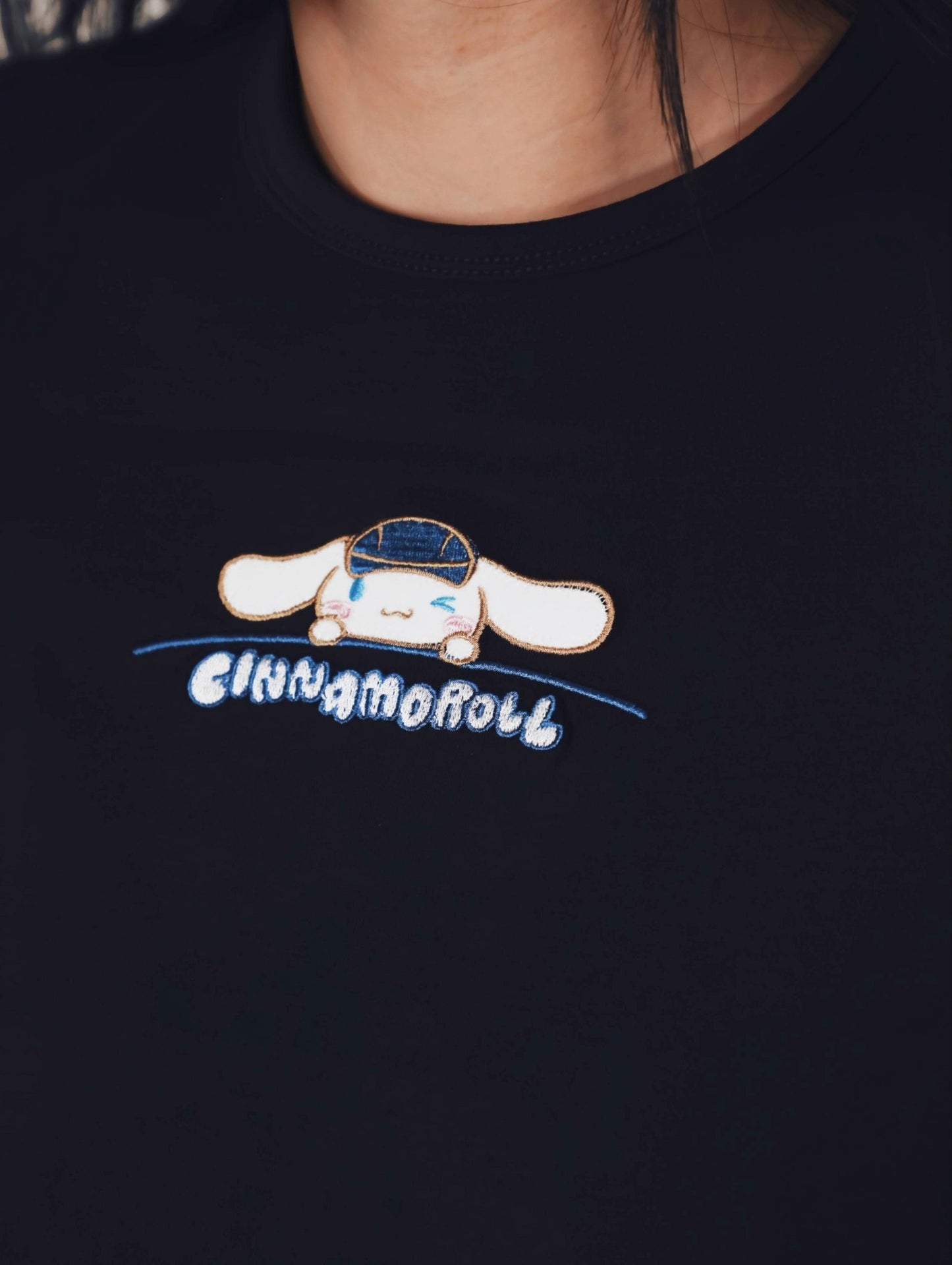 Aim Higher Club ♥ Cinnamoroll On The Bar Embroidery Women Fitted Tee /Navy - GROGROCERY