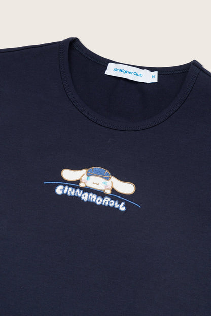Aim Higher Club ♥ Cinnamoroll On The Bar Embroidery Women Fitted Tee /Navy - GROGROCERY
