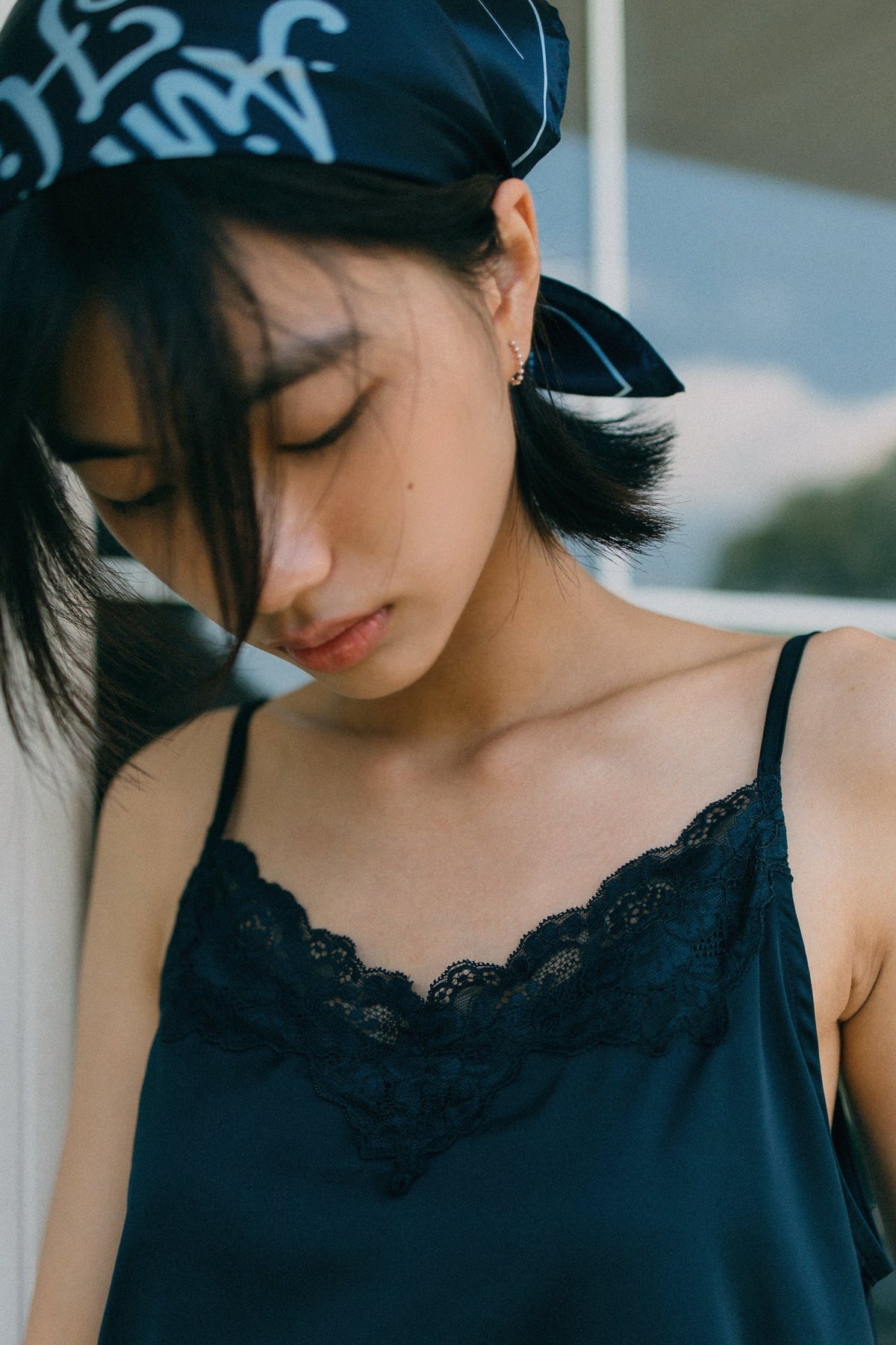 Aim Higher Club Core Asymmetric Lace Camisole Top/ Navy - GROGROCERY