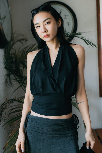 Aim Higher Club Core Cowl Neck Halter Top / Black - GROGROCERY