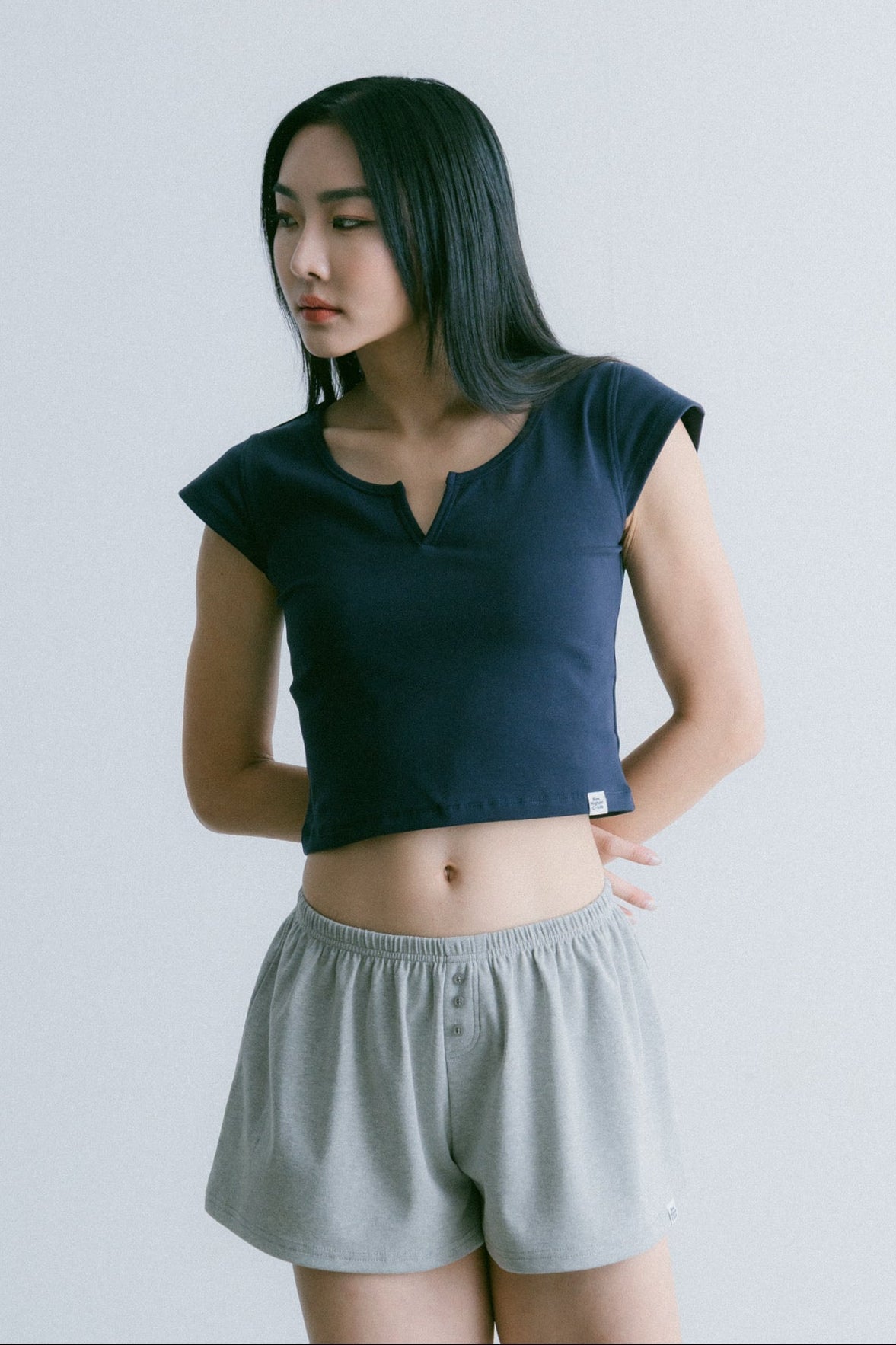 Aim Higher Club Essential V Neck Crop Tee/ Navy - GROGROCERY