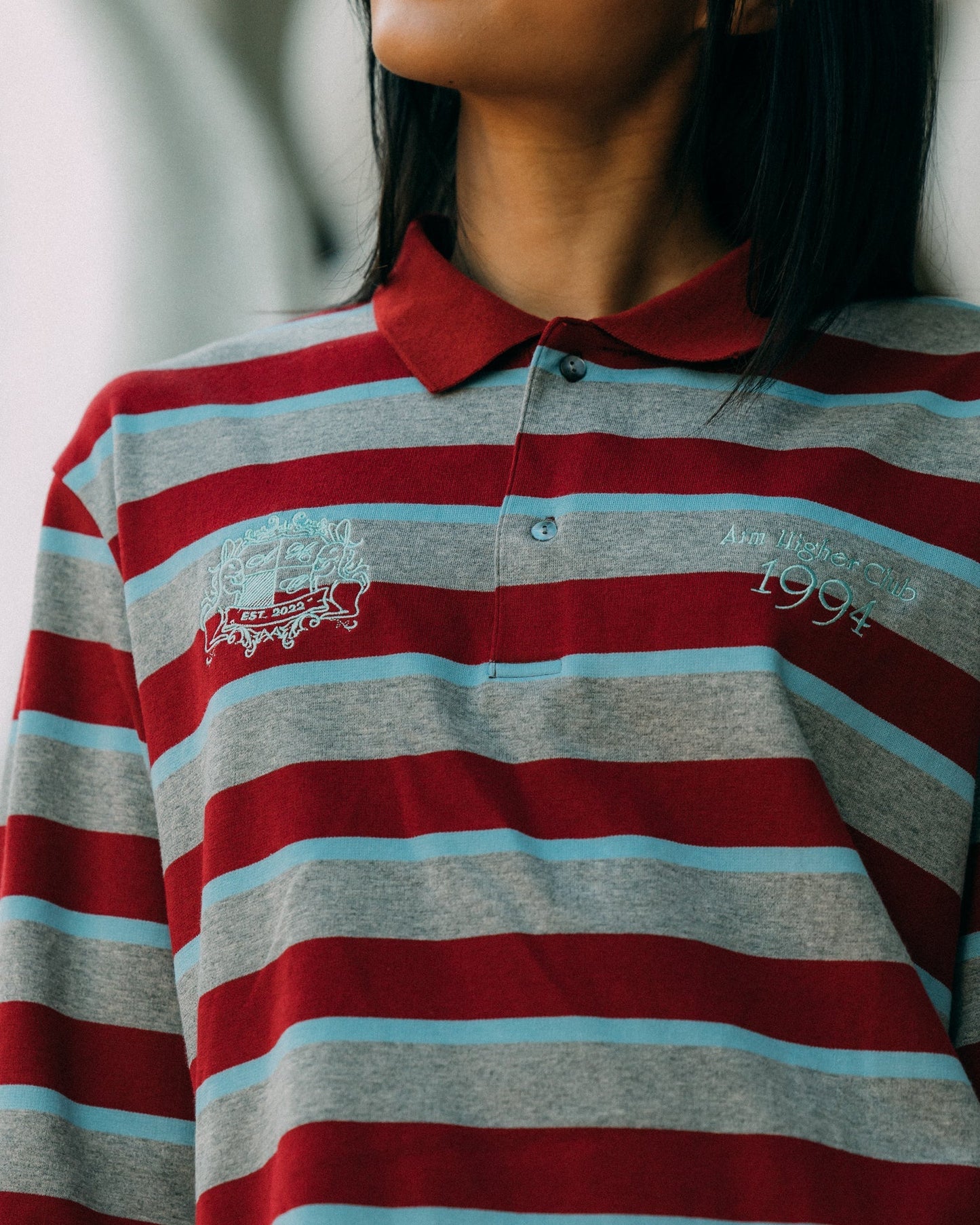 Aim Higher Club Faculty of Sports Emblem Cropped Stripe Poloshirt/ Grey - burgundy - GROGROCERY