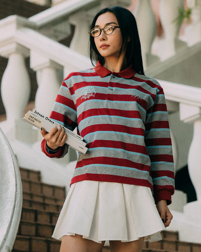 Aim Higher Club Faculty of Sports Emblem Cropped Stripe Poloshirt/ Grey - burgundy - GROGROCERY