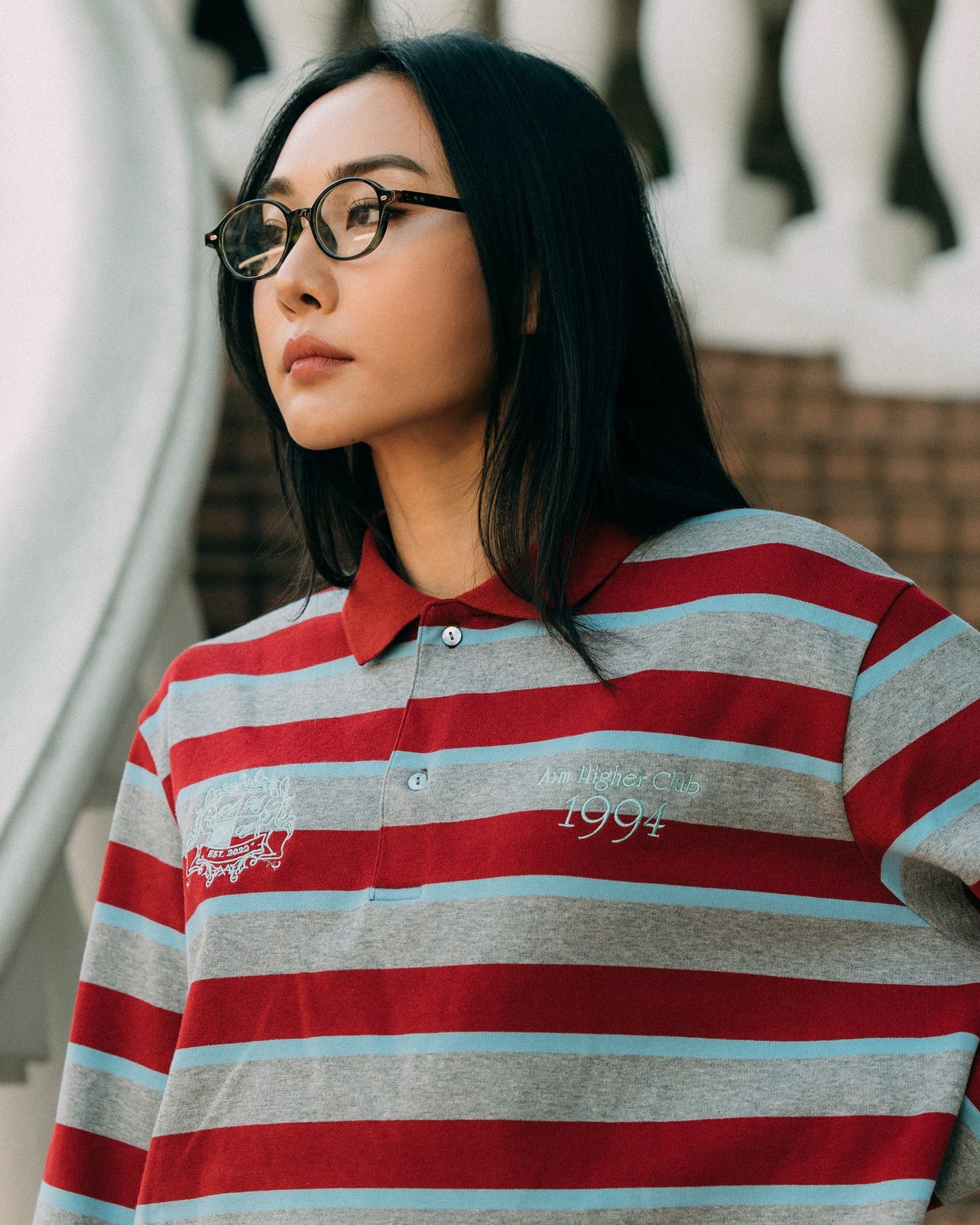 Aim Higher Club Faculty of Sports Emblem Cropped Stripe Poloshirt/ Grey - burgundy - GROGROCERY